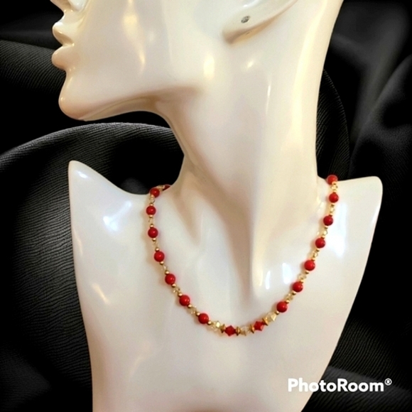𝅺HANDMADE Red Coral Gold Swarovski Crystal Beaded Valentine's Necklace - Picture 1 of 9